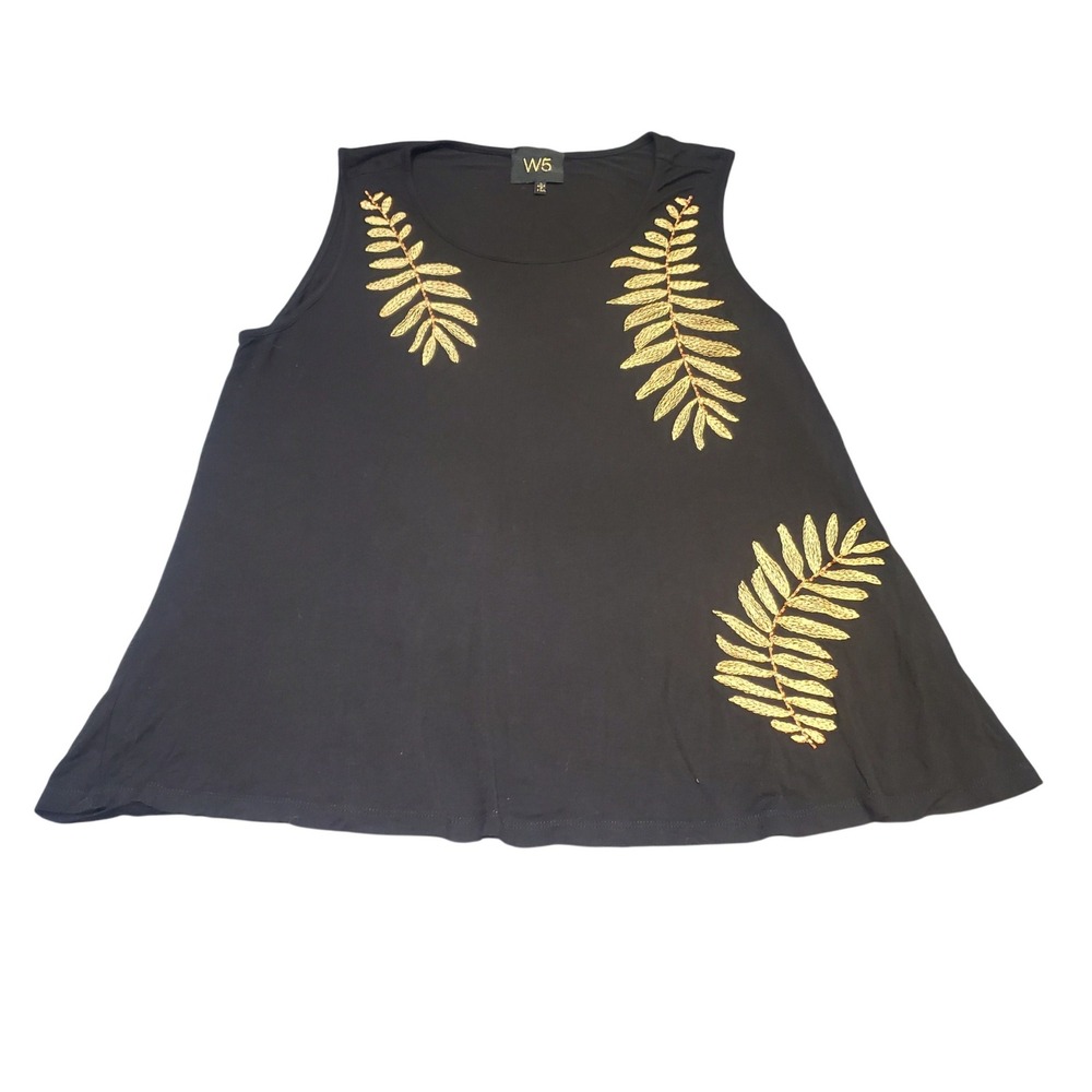 W5‎ Women's Sleeveless Tank Top Black Gold Metallic Fern Leaf Blouse Size Large